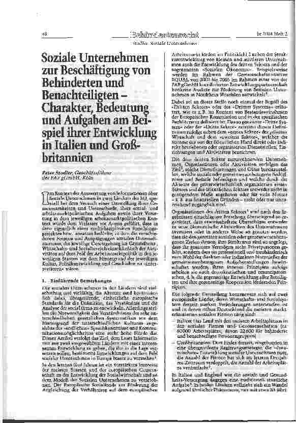 Vorschauseite 1: Soziale Unternehmen zur Beschäftigung von Behinderten und Benachteiligten -Charakter, Bedeutung und Aufgaben am Beispiel ihrer Entwicklung in Italien und Großbritannien