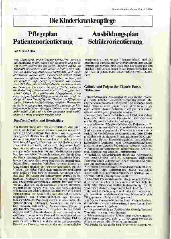Vorschauseite 1: Pflegeplan, Patientenorientierung - Ausbildungsplan, Schülerorientierung