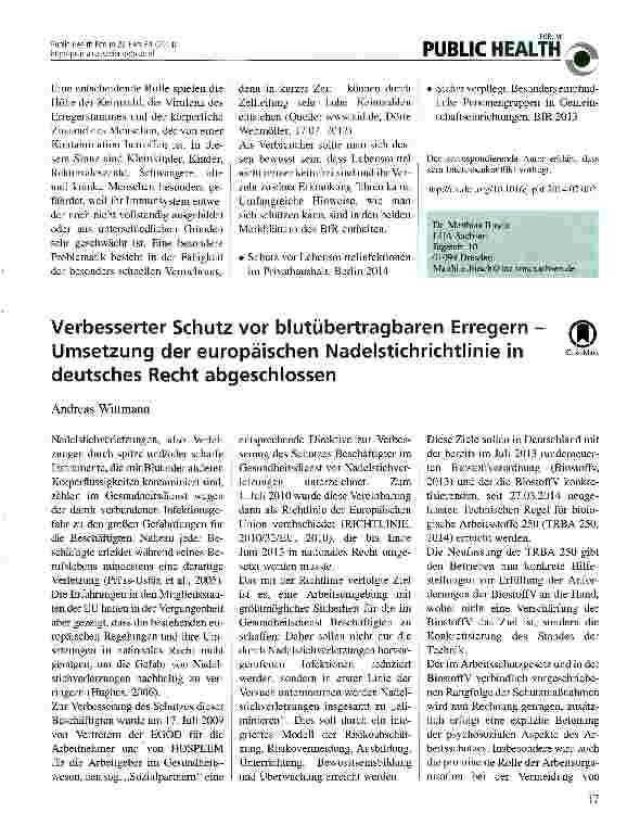 Vorschauseite 1: Verbesserter Schutz vor blutübertragbaren Erregern Umsetzung der europäischen Nadelstichrichtlinie in deutsches Recht abgeschlossen