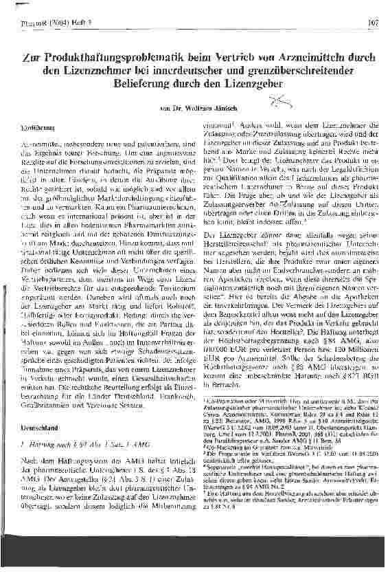 Vorschauseite 1: Zur Produkthaftungsproblematik beim Vertrieb von Arzneimitteln durch den Lizenznehmer bei innerdeutscher und grenzüberschreitender Belieferung durch den Lizenzgeber