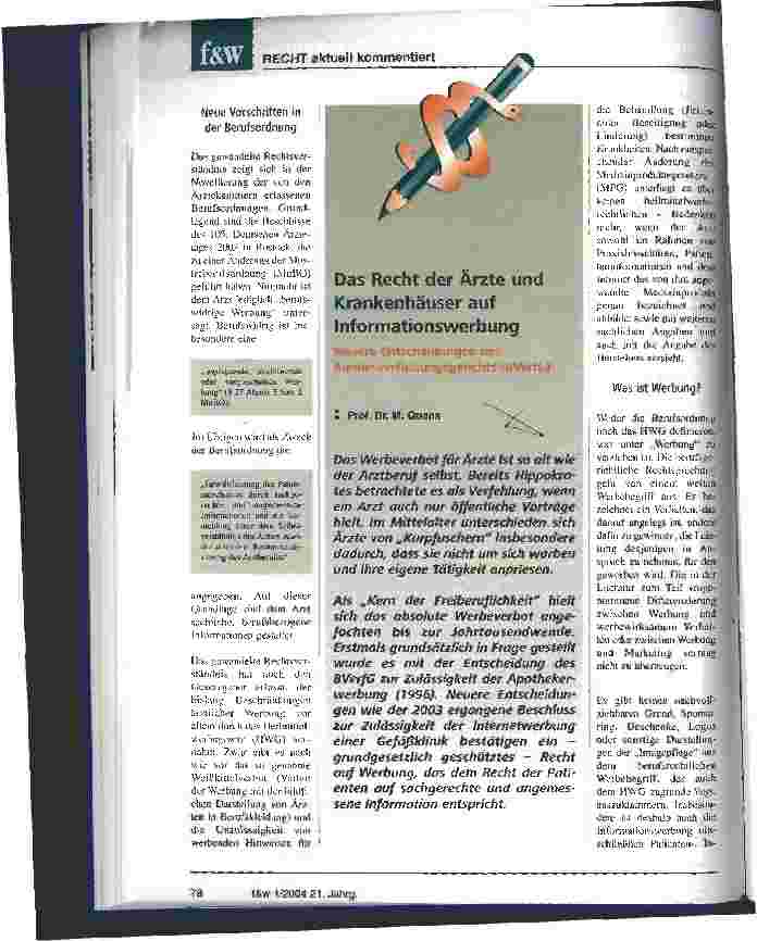 Vorschauseite 1: Das Recht der Ärzte und Krankenhäuser auf Informationswerbung Neuere Entscheidungen des Bundesverfassungsgerichts (BVerfG)