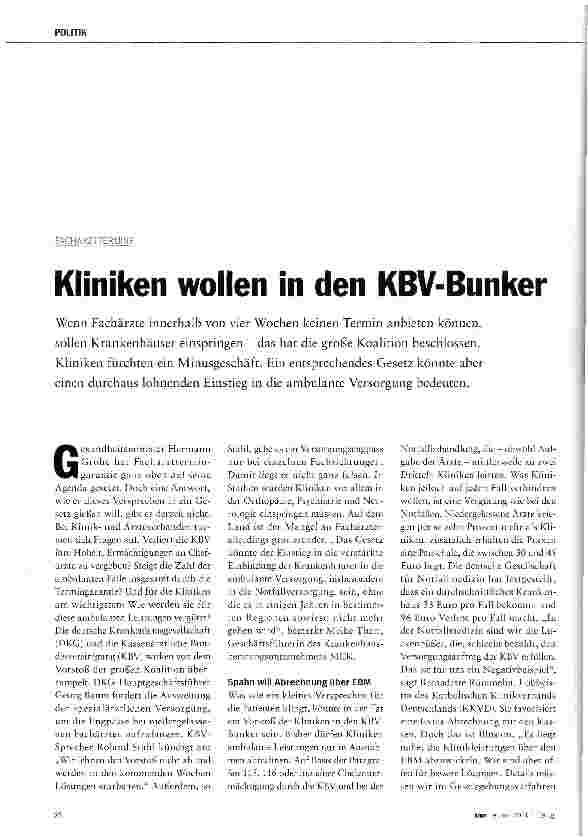Vorschauseite 1: Kliniken wollen in den KBV-Bunker