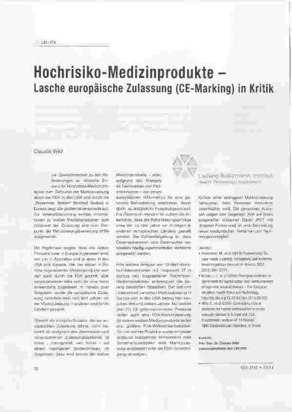 Vorschauseite 1: Hochrisiko-Medizinprodukte Lasche europäische Zulassung (CE-Marking) in Kritik