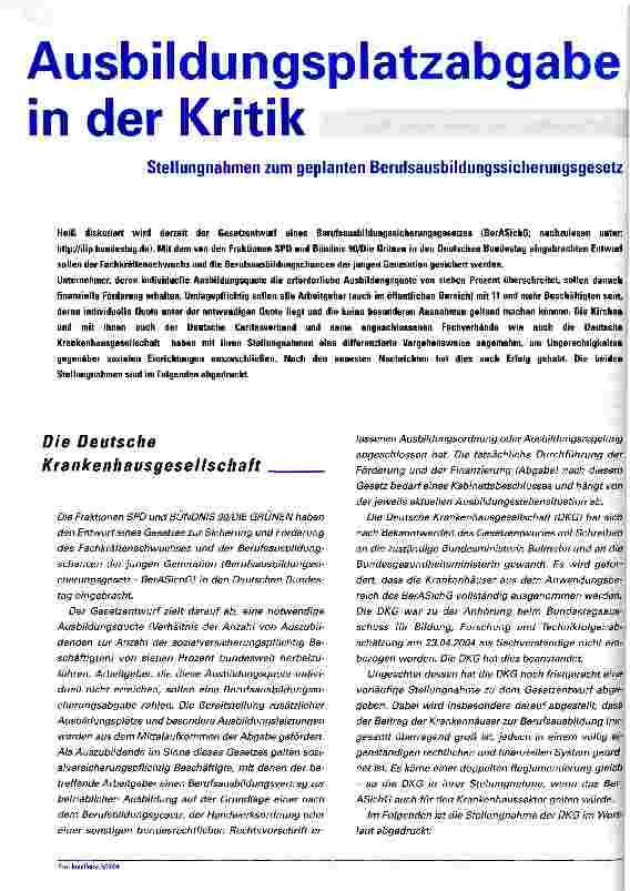 Vorschauseite 1: Ausbildungsplatzabgabe in der Kritik Stellungnahmen zum geplanten Berufsausbildungssicherungsgesetz