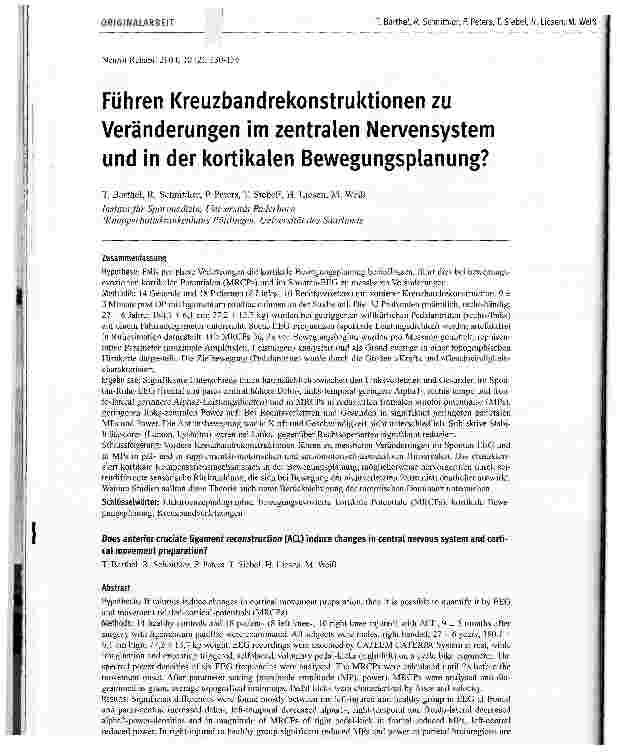 Vorschauseite 1: Führen Kreuzbandrekonstruktionen zu Veränderungen im zentralen Nervensystem und in der kortikalen Bewegungsplanung?