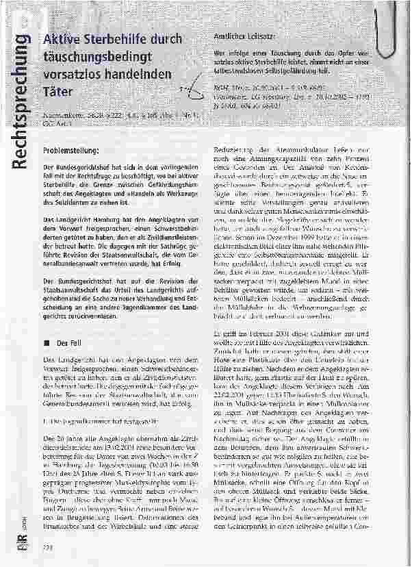 Vorschauseite 1: Aktive Sterbehilfe durch täuschungsbedingt vorsatzlos handelnden Täter
