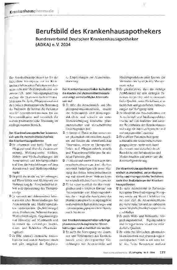 Vorschauseite 1: Berufsbild des Krankenhausapothekers Bundesverband Deutscher Krankenhausapotheker (ADAKA) e. V. 2004