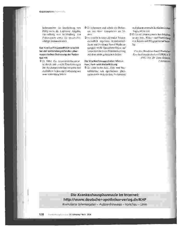 Vorschauseite 2: Berufsbild des Krankenhausapothekers Bundesverband Deutscher Krankenhausapotheker (ADAKA) e. V. 2004