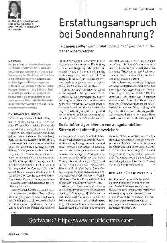 Vorschauseite 1: Erstattungsanspruch bei Sondennahrung?Leitungen sollten dem Erstattungswunsch der Sozialhilfeträger widersprechen