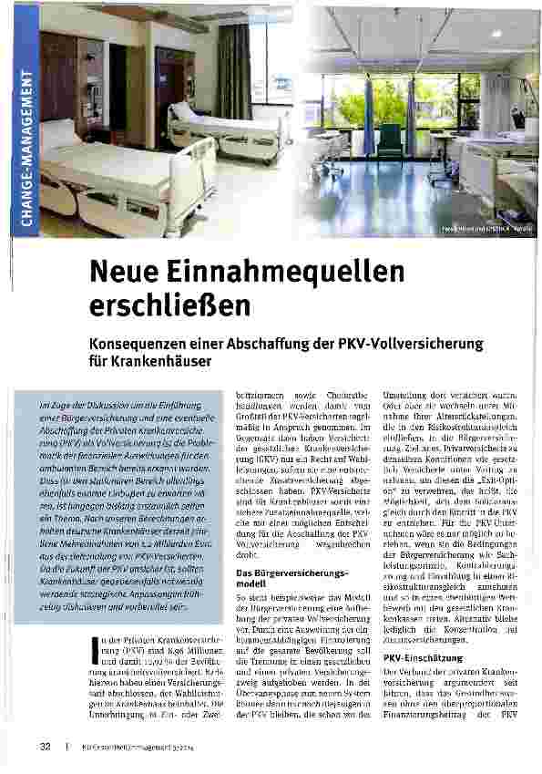 Vorschauseite 1: Neue Einnahmequellen erschließen Konsequenzen einer Abschaffung der PKV-Vollversicherung für Krankenhäuser