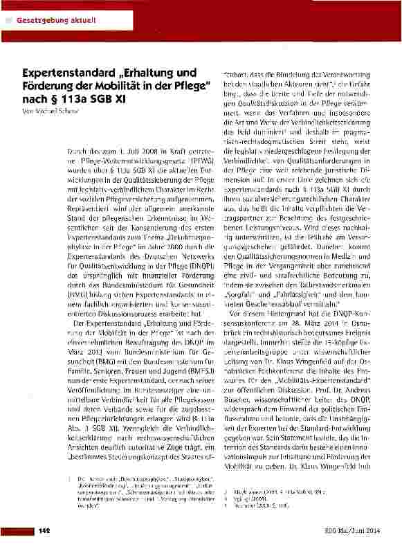 Vorschauseite 1: Expertenstandard „Erhaltung und Förderung der Mobilität in der Pflege nach § 113a SGB XI