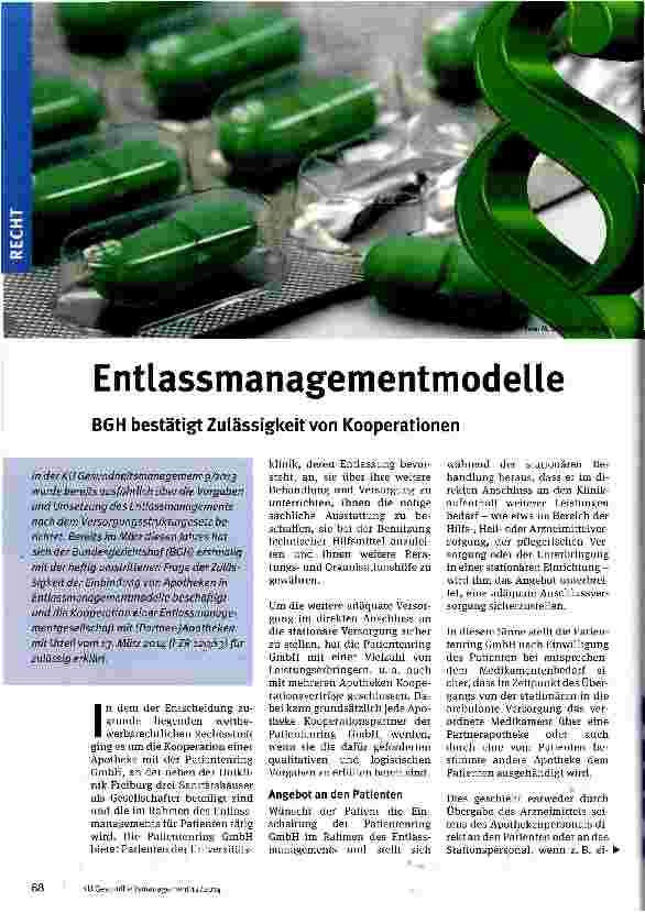 Vorschauseite 1: Entlassmanagementmodelle BGH bestätigt Zulässigkeit von Kooperationen