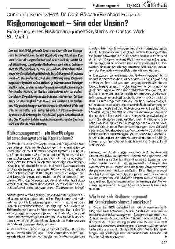 Vorschauseite 1: Risikomanagement - Sinn oder Unsinn?Einführung eines Risikomanagement-Systems im Caritas-WerkSt. Martin