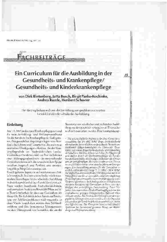 Vorschauseite 1: Fachbeiträge. Ein Curriculum für die Ausbildung in der Gesundheitsund Krankenpflege/ Gesundheitsund Kinderkrankenpflege