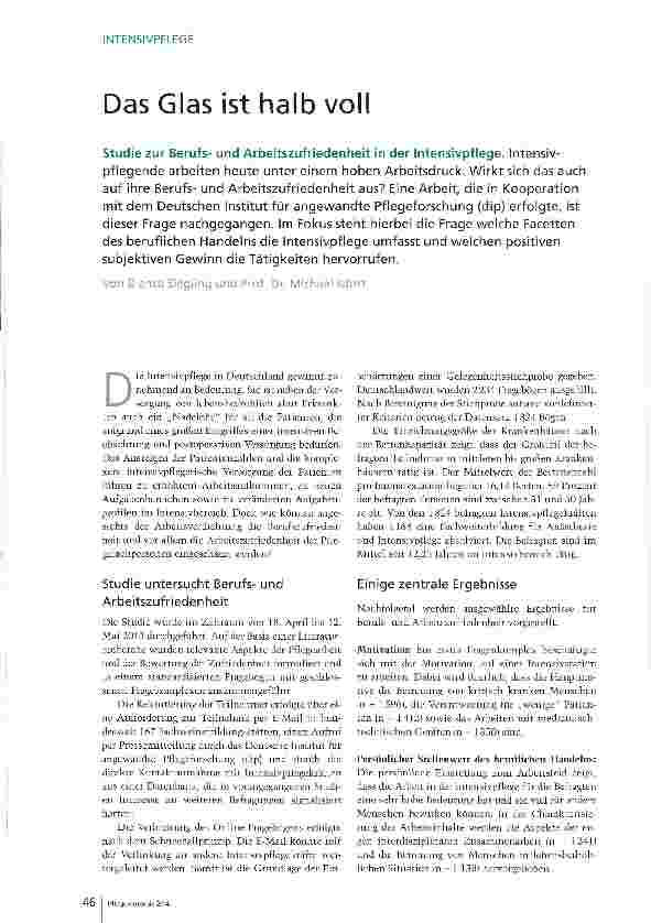 Vorschauseite 1: Das Glas ist halb voll Studie zur Berufsund Arbeitszufriedenheit in der Intensivpflege