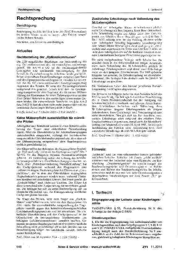 Vorschauseite 1: Eingruppierung der Leiterin einer Kindertages-stätte Nr. 9 desTVöD-BT-V/VKA § 56, Protokollerklärung Anhangs zu der Anlage C (VKA)