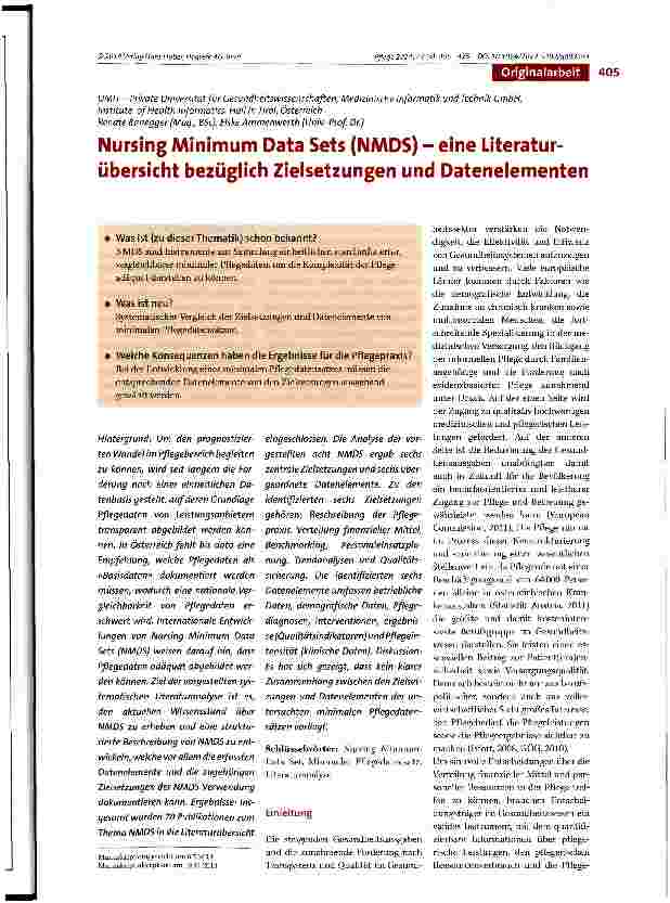 Vorschauseite 1: Nursing Minimum Data Sets (NMDS) - eine Literatur-übersicht bezüglich Zielsetzungen und Datenelementen