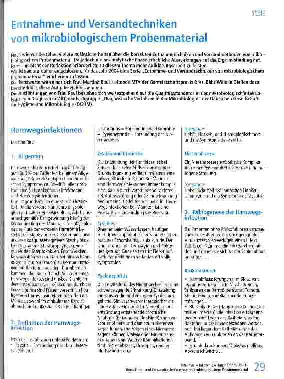 Vorschauseite 1: Entnahmeund Versandtechniken von mikrobiologischem Probenmaterial Harnwegsinfektionen