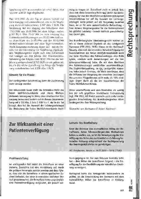 Vorschauseite 1: Zur Wirksamkeit einer Patientenverfügung AG Kaufbeuren, Beschluss vom 24.07.2003