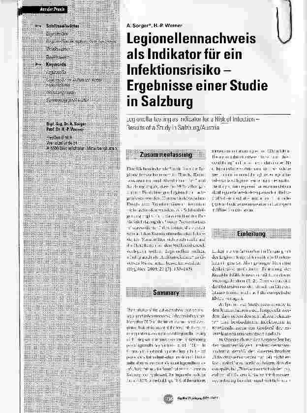 Vorschauseite 1: Legionellennachweis als Indikator für ein Infektionsrisiko-Ergebnisse einer Studie in Salzburg