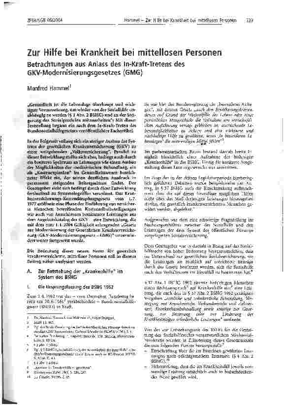 Vorschauseite 1: Zur Hilfe bei Krankheit bei mittellosen PersonenBetrachtungen aus Anlass des In-Kraft-Tretens des GKV-Modernisierungsgesetzes (GMG)
