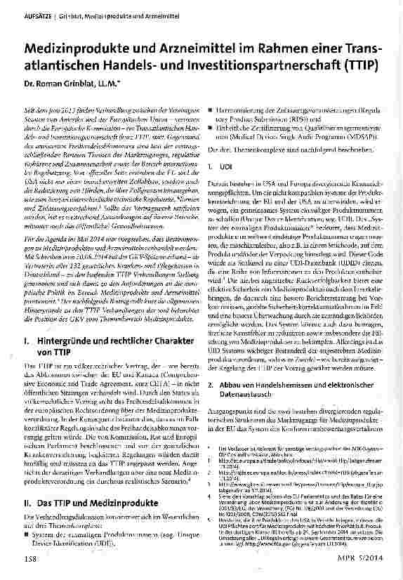 Vorschauseite 1: Medizinprodukte und Arzneimittel im Rahmen einer Transatlantischen Handelsund Investitionspartnerschaft (TTIP)