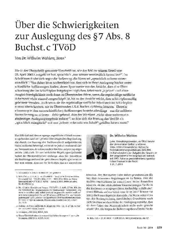 Vorschauseite 1: Über die Schwierigkeiten zur Auslegung des § 7 Abs. 8 Buchst, c TVöD