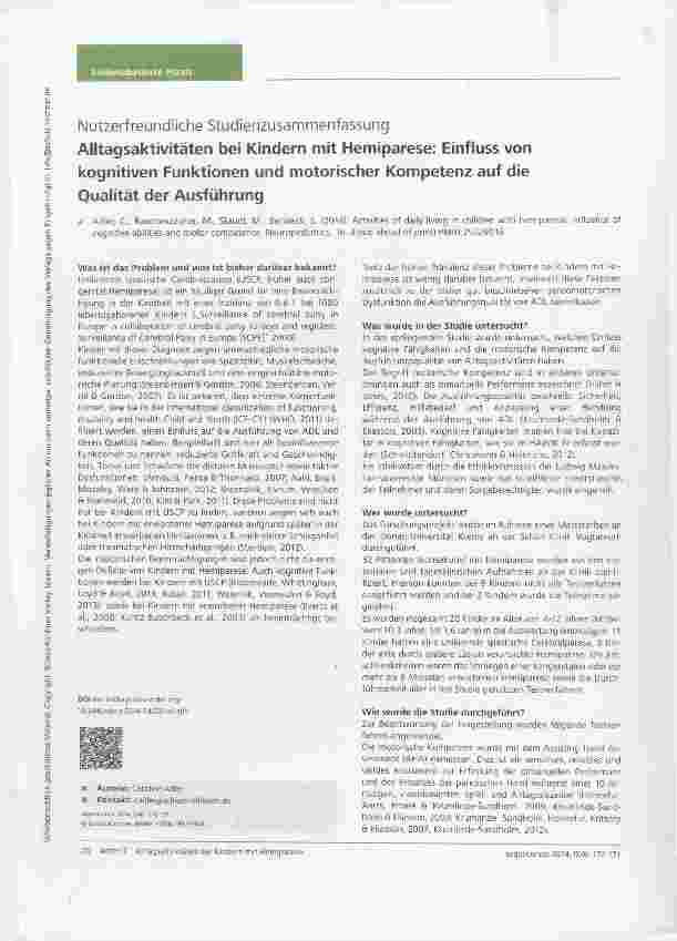 Vorschauseite 1: Nutzerfreundliche Studienzusammenfassung Alltagsaktivitäten bei Kindern mit Hemiparese: Einfluss von kognitiven Funktionen und motorischer Kompetenz auf die Qualität der Ausführung