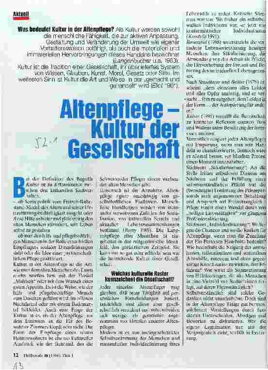Vorschauseite 1: Altenpflege - Kultur der Gesellschaft Was bedeutet Kultur in der Altenpflege?