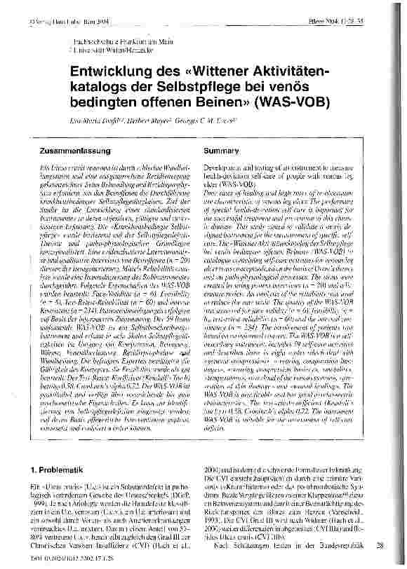 Vorschauseite 1: Entwicklung des Wittener Aktivitätenkatalogs der Selbstpflege bei venös bedingten offenen Beinen