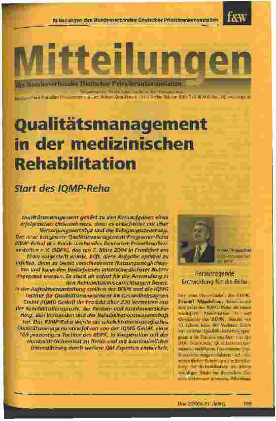 Vorschauseite 1: Qualitätsmanagement in der medizinischen Rehabilitation Start des IQMP-Reha