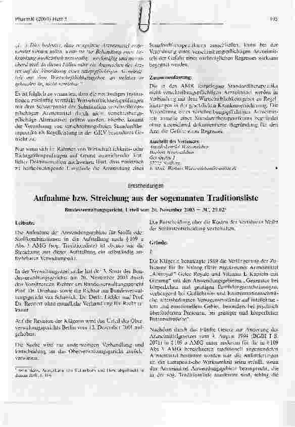 Vorschauseite 1: Aufnahme bzw. Streichung aus der sogenannten TraditionslisteBundesverwaltungsgericht, Urteil vom 20. November 2003 - 3C, 29.02