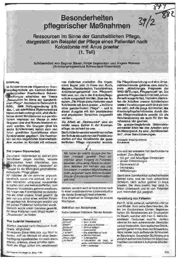Vorschauseite 1: Besonderheiten pflegerischer Maßnahmen/Ressourcen im Sinne der Ganzheitl. Pflege, Pflege eines Patienten nach Kolostomie mit Anus praeter