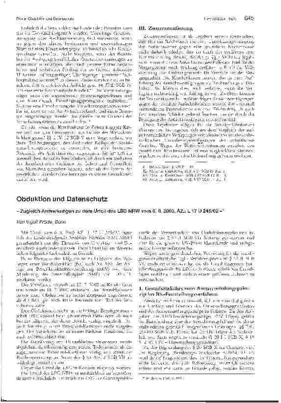 Vorschauseite 1: Obduktion und Datenschutz - Zugleich Anmerkungen zu dem Urteil des LSG NRW vom 6. 8. 2003, AZ.: L 17 U 245/02 -