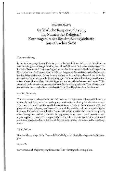 Vorschauseite 1: Gefährliche Körperverletzung im Namen der Religion?Kernfragen in der Beschneidungsdebatte aus ethischer Sicht