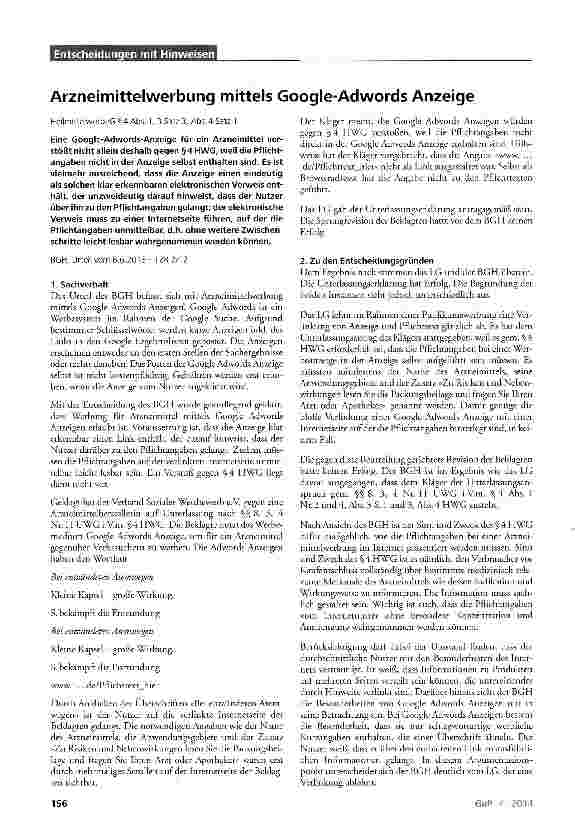Vorschauseite 1: Arzneimittelwerbung mittels Google-Adwords Anzeige Heilmittelwerbe G§4Abs. 1,3 Satz 3, Abs.4 Satz 1