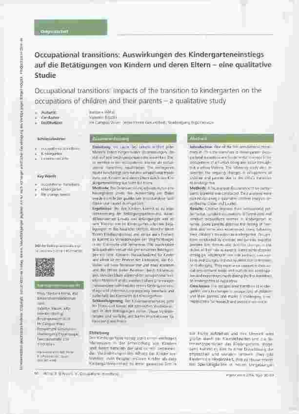 Vorschauseite 1: Occupational transitions: Auswirkungen des Kindergarteneinstiegs auf die Betätigungen von Kindern und deren Eltern - eine qualitative Studie