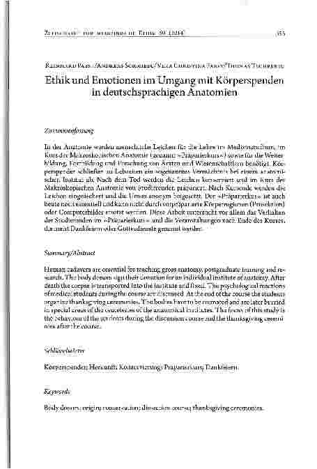 Vorschauseite 1: Ethik und Emotionen im Umgang mit Körperspenden in deutschsprachigen Anatomien
