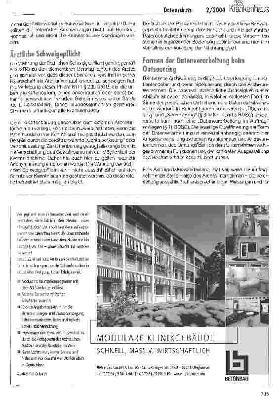 Vorschauseite 2: Outsourcing im öffentlichen Krankenhaus Datenschutz und ärztliche Schweigepflicht bei der externen Archivierung von Patientendaten