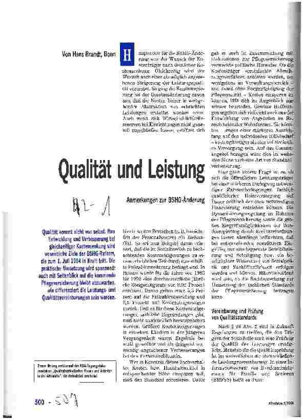 Vorschauseite 1: Qualität und Leistung Anmerkungen zur BSHG-Änderung