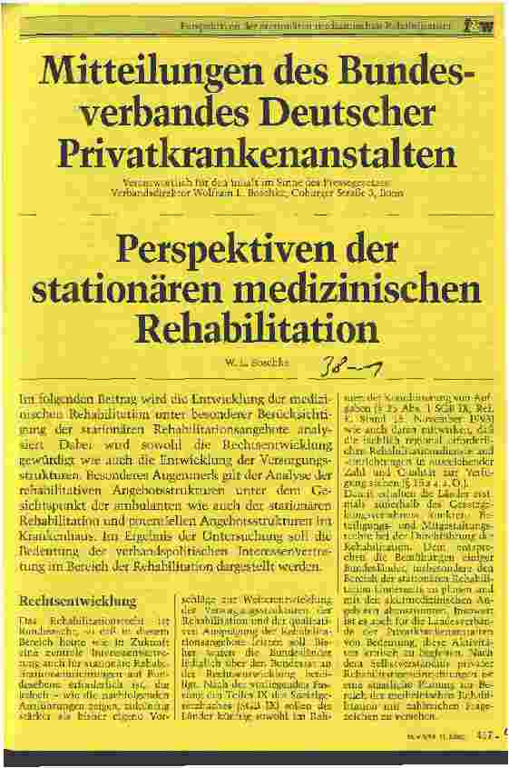 Vorschauseite 1: Perspektiven der stationären medizinischen Rehablilitation Mitteilungen des Bundesverbandes Deutscher Privatkrankenanstalten