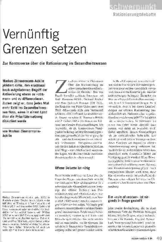 Vorschauseite 1: Vernünftig Grenzen setzen Zur Kontroverse über die Rationierung im Gesundheitswesen