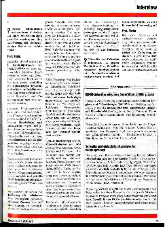 Vorschauseite 2: Nosokomialinfektionen: Strategien gegen multiresistente Staphylokokken Interview mit Prof. Dr. P. M. Shah