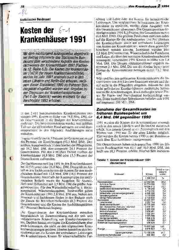 Vorschauseite 1: Kosten der Krankenhäuser 1991