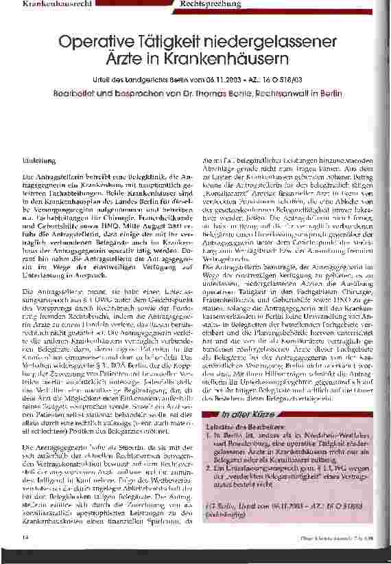 Vorschauseite 1: Operative Tätigkeit niedergelassener Ärzte in Krankenhäusern Urteil des Landgerichts Berlin vom 06.11.2003
