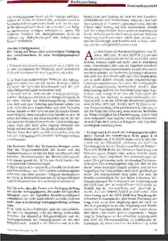 Vorschauseite 2: Operative Tätigkeit niedergelassener Ärzte in Krankenhäusern Urteil des Landgerichts Berlin vom 06.11.2003