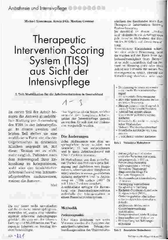 Vorschauseite 1: Therapeutic Intervention Scoring System (TISS) aus Sicht der Intensiv- Pflege 2.Teil:Modifikation für die Arbeitsverhältnisse in Deutschland