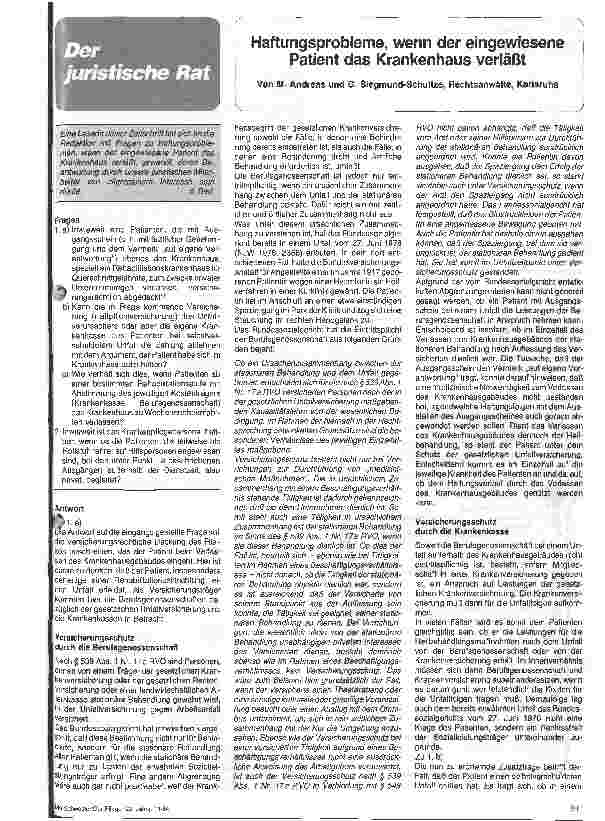 Vorschauseite 1: Haftungsprobleme, wenn der eingewiesene Patient das Krankenhaus verläßt.