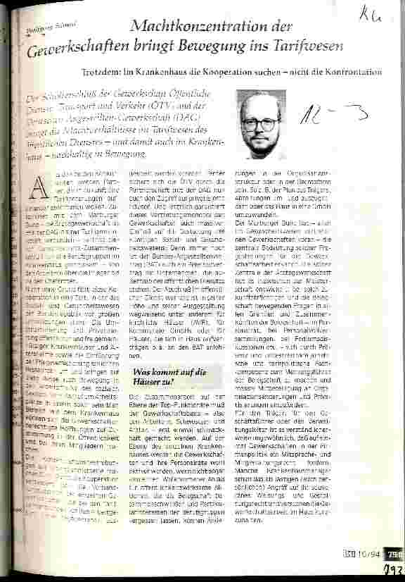 Vorschauseite 1: Machtkonzentration der Gewerkschaften bringt Bewegung ins Tarifwesen Trotzdem: im Kh die Kooperation suchen - nicht die Konfrontation
