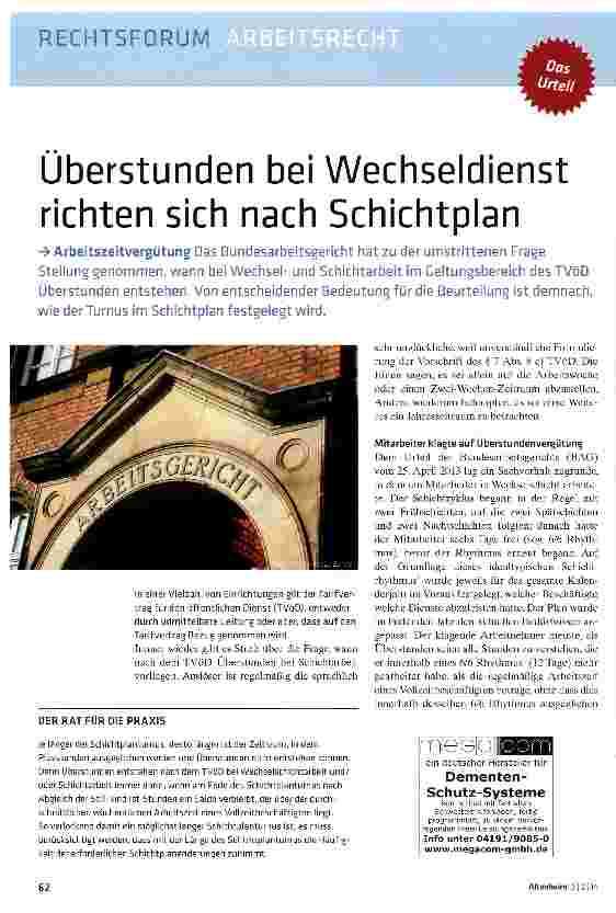 Vorschauseite 1: Überstunden bei Wechseldienst richten sich nach Schichtplan